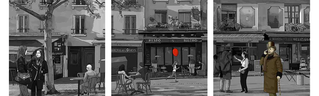 creation d'un dessin storyboard pour instagram dans une rue de paris