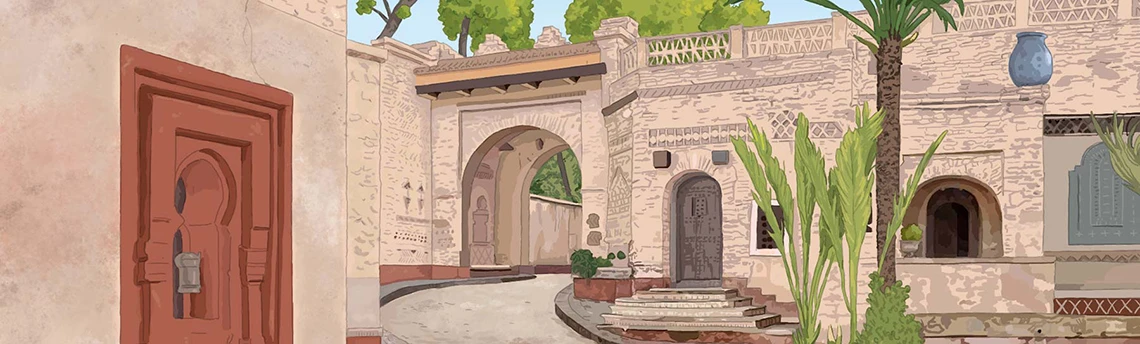 llustration en digital painting d'une rue au Maroc